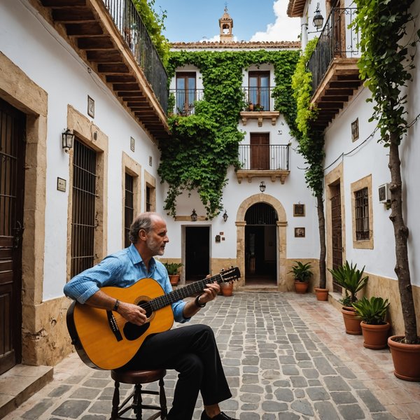 Où trouver une location de vacances en Andalousie avec des cours de guitare flamenco et des visites de monuments historiques?